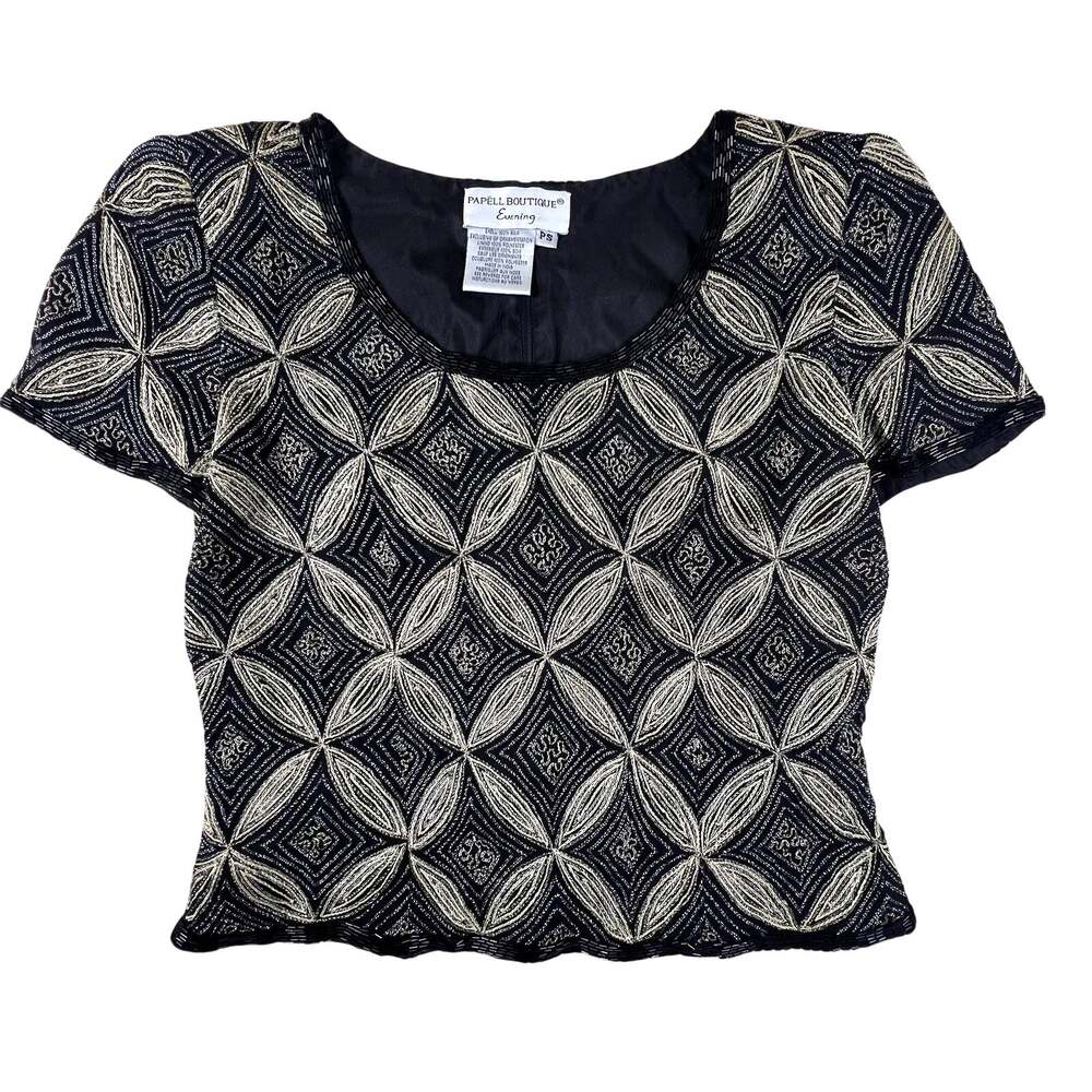 Vintage Papell Boutique 100% Silk Blouse PS Black Gold Metallic Beaded Evening